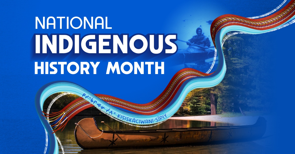 Image with a canoe and illustrated river. Text reads National Indigenous History Month.